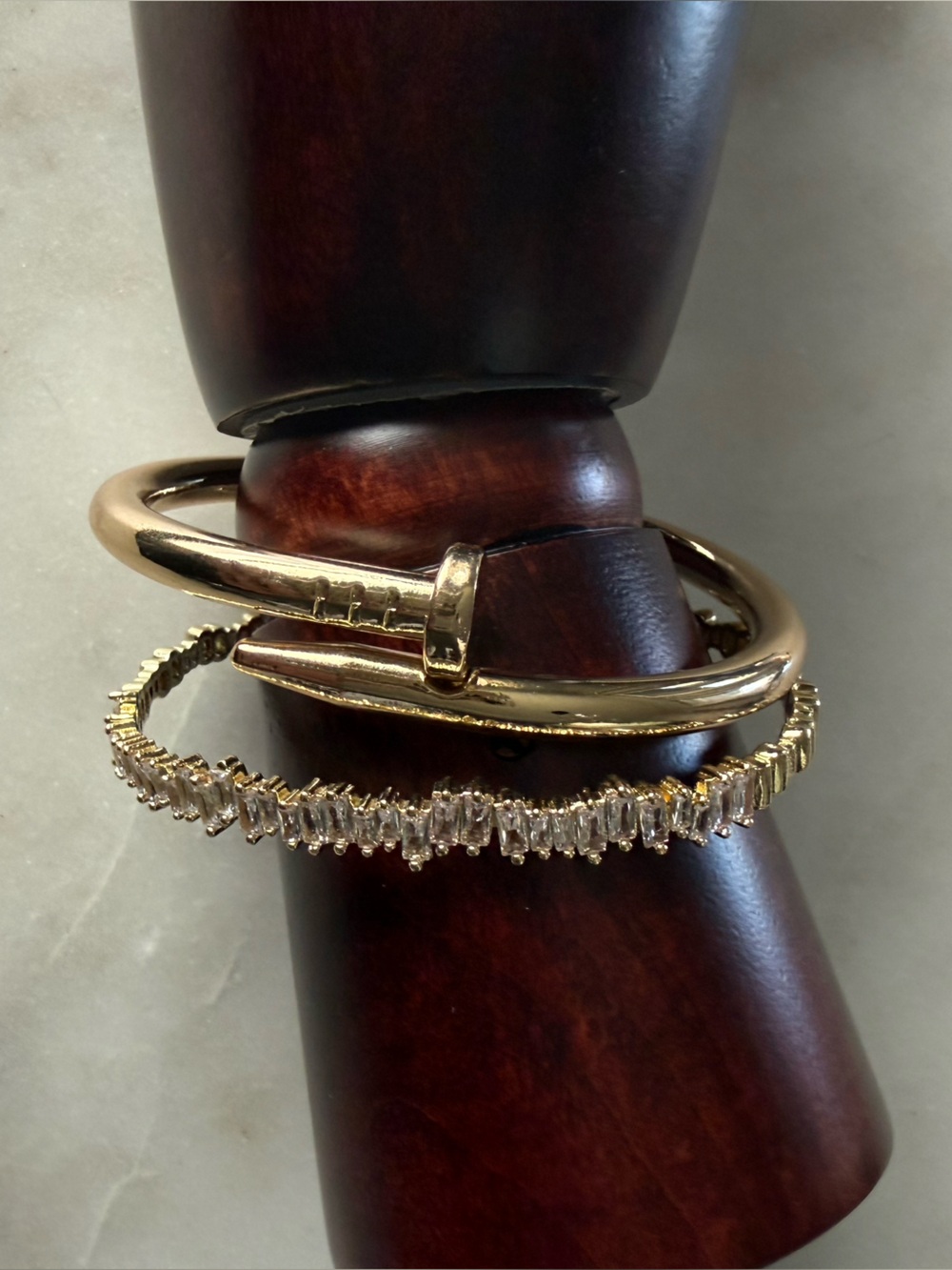 Gold Nail Bangle & Tennis Cuff Bracelet Set